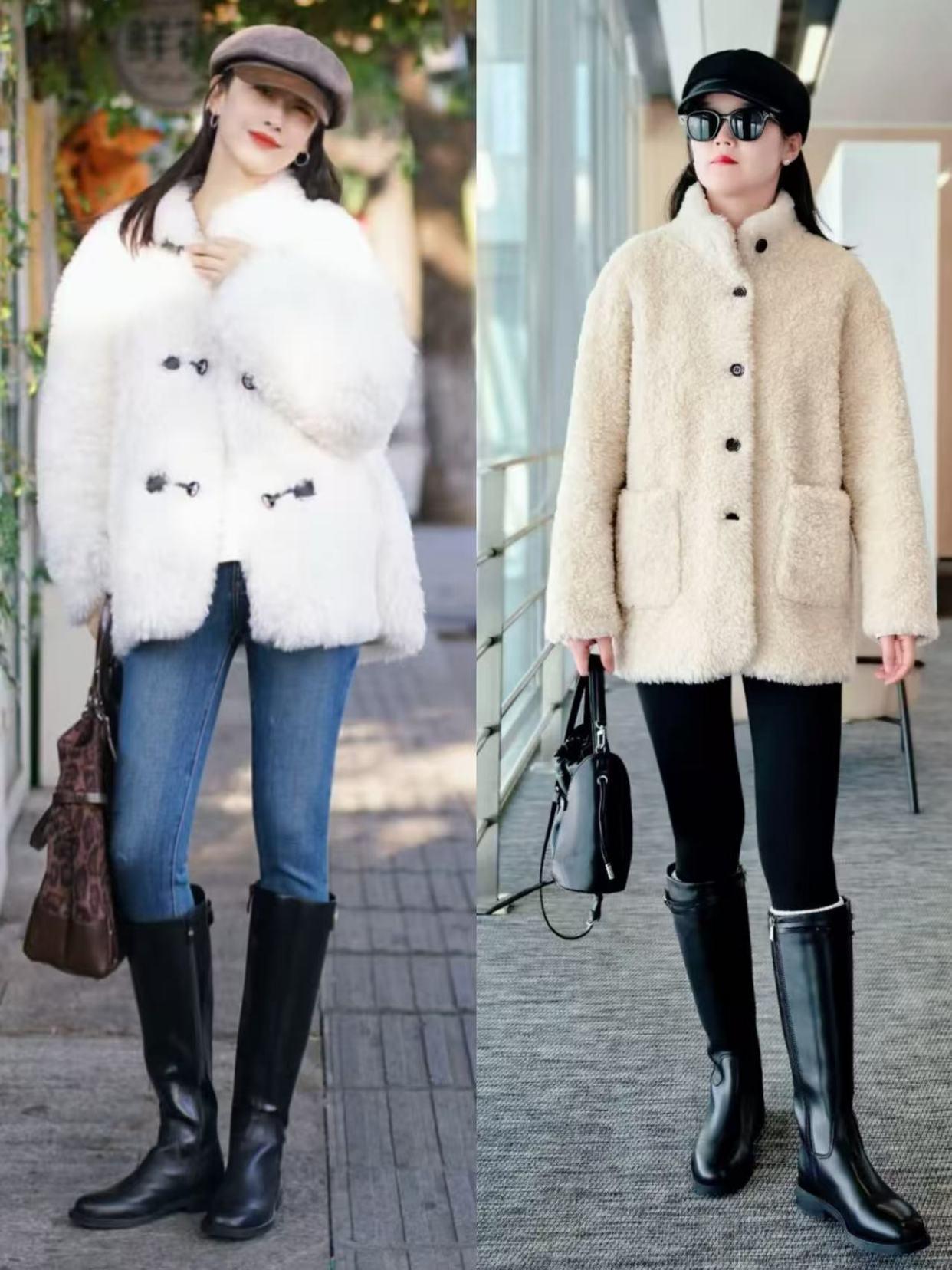 长靴女明星_杨幂时尚搭配技巧_冬季穿搭短外套修身长裤长筒靴
